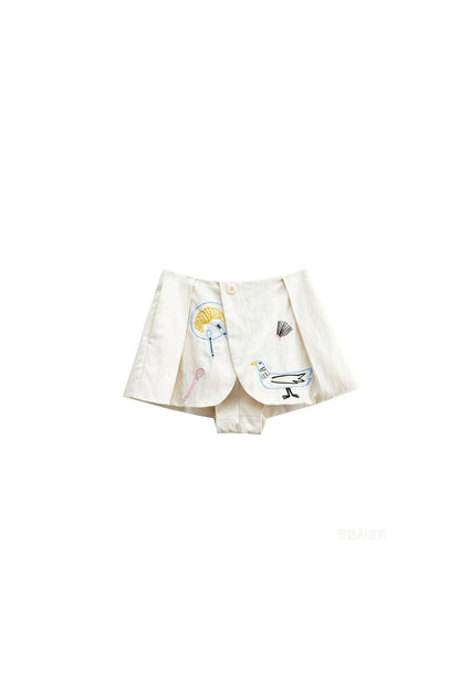 Ear Detail Tencel Cotton Embroidered Vest and Shorts Set-Up