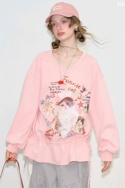 Pink Cat Print Sweatshirt