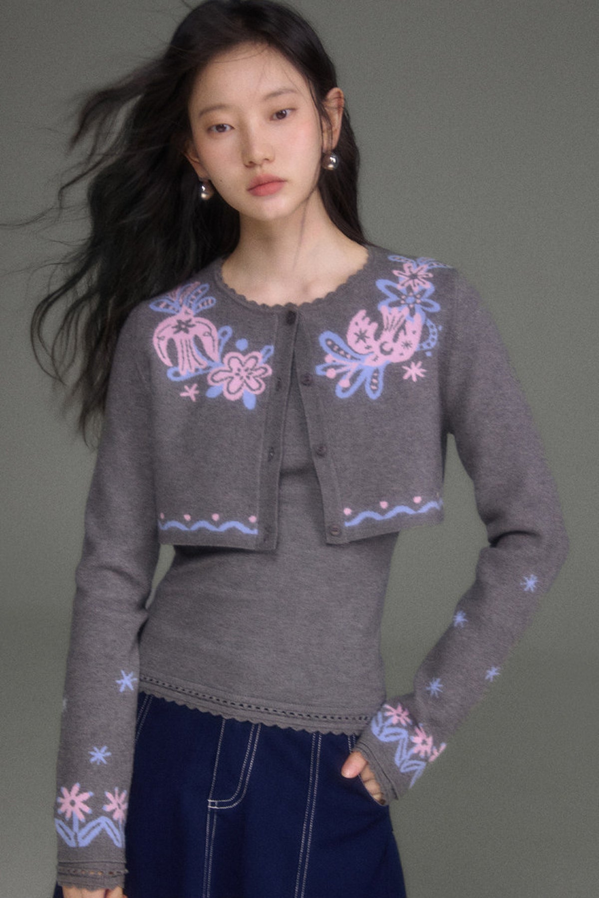 Hawthorn And Birds Jacquard Knit Cardigan And Top Set
