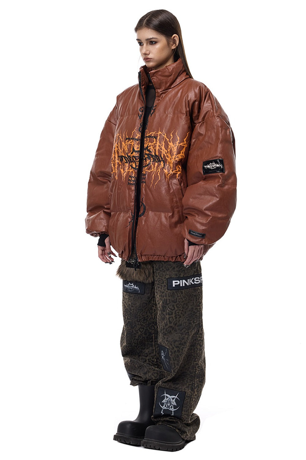 Logo PU Leather Motorcycle Puffer Jacket