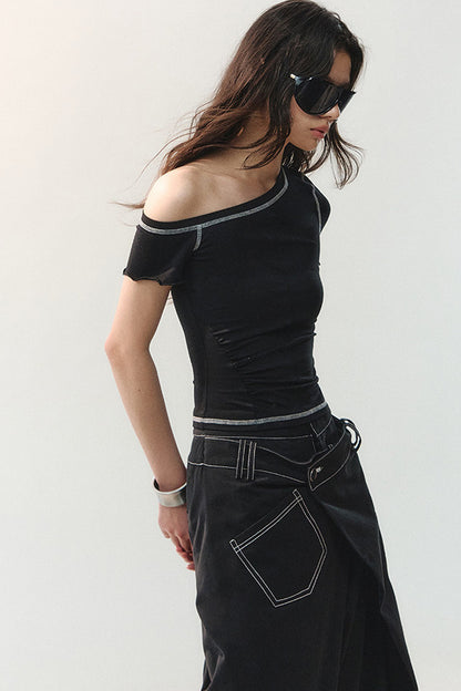 Asymmetrical Shoulder Short-Sleeve Top