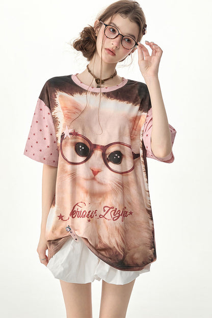 Lockeres T-Shirt mit Rundhalsausschnitt und pinkem Stern-Katzenprint