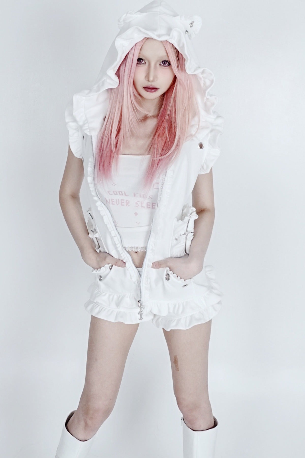 Hooded Cat Ear Vest Shorts Set-Up
