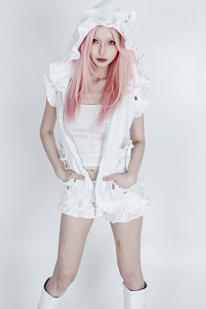 Hooded Cat Ear Vest Shorts Set-Up