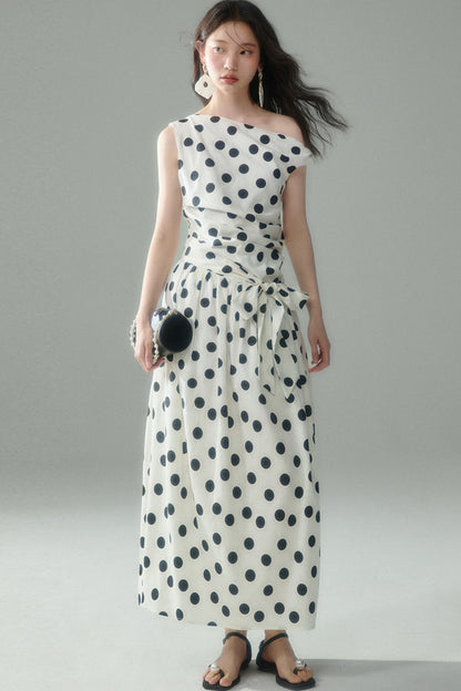 Off-Shoulder Polka Dot Twist Tie Dress