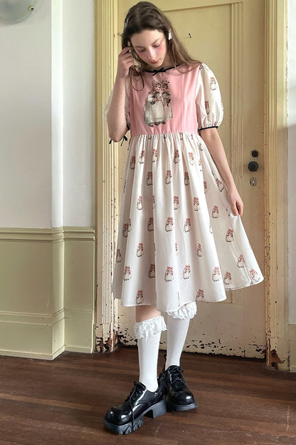 Vintage-Kurzarmkleid mit Puppen-Print