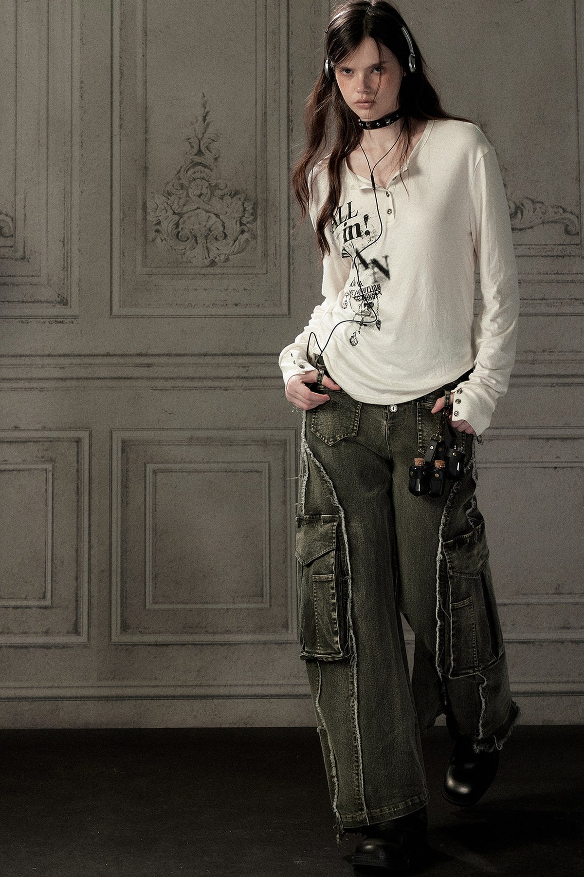 Beige Printed Long-Sleeved T-Shirt