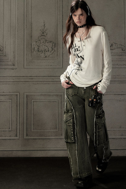 Beige Printed Long-Sleeved T-Shirt