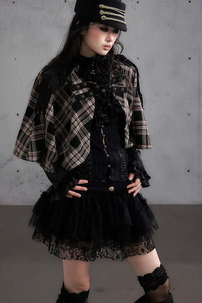 Reversible Wool Blend Plaid Cape