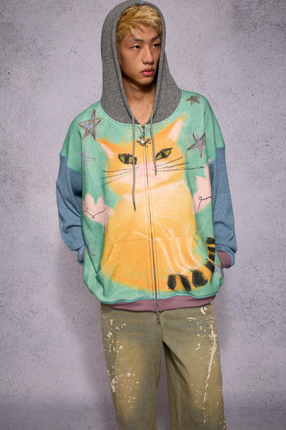 Cat Print Patchwork Sweatshirt Jacket
