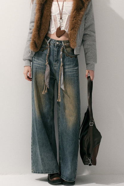 Loose Wide Leg Woven Belt Jeans