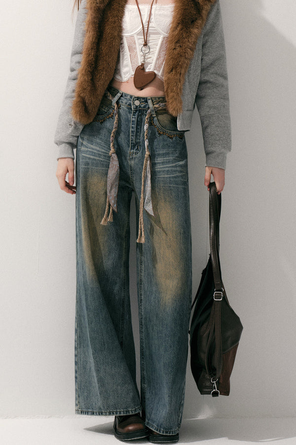 Loose Wide Leg Woven Belt Jeans