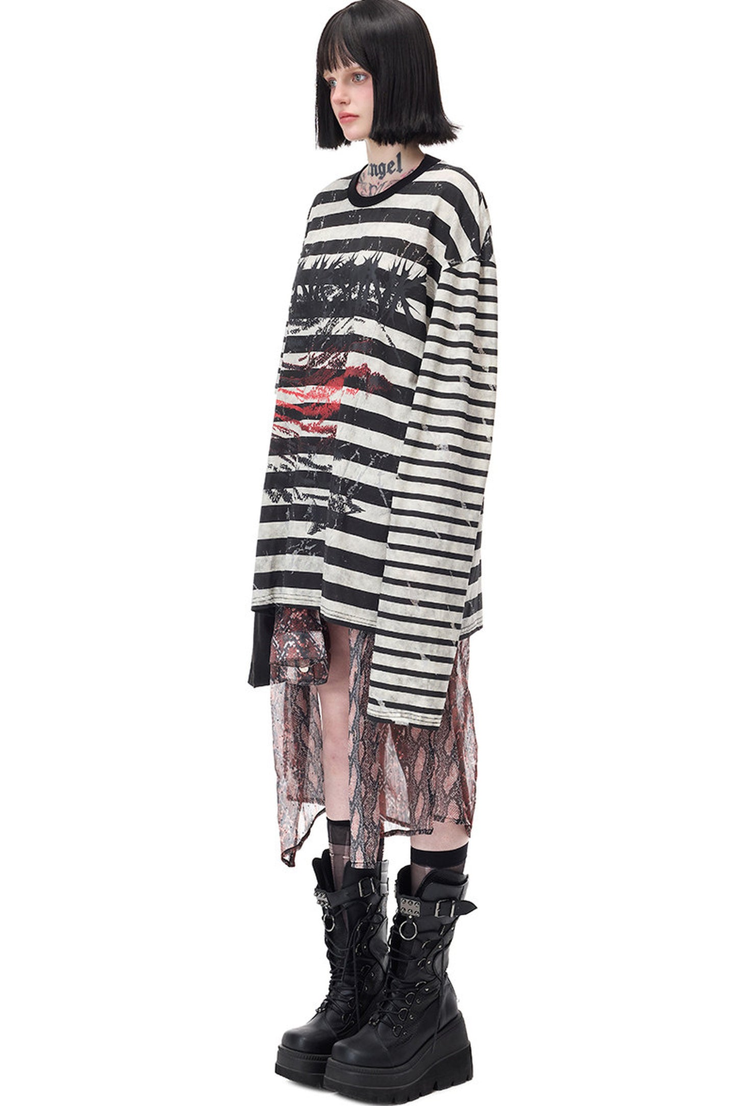 Punk Burnt Floral Cut-Out Striped Raglan Blouse