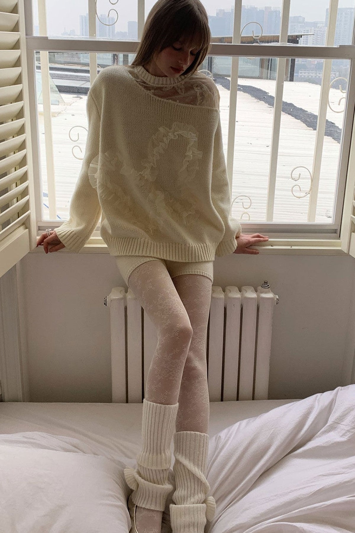 Beige Double-Layer High-Waisted Knit Base Shorts