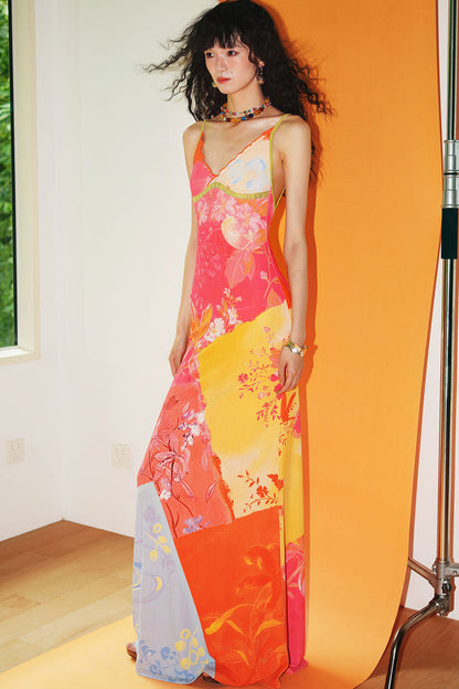 Chinese Print Lace Slip Dress