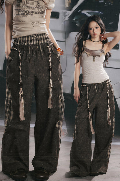 Pantalon large patchwork à carreaux