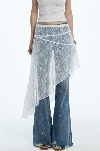 Sheer White Lace Side Ruffle Skirt