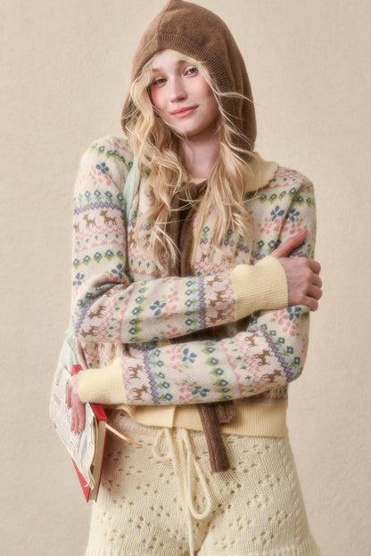Reindeer Fair Isle Lace Trim Cardigan Top