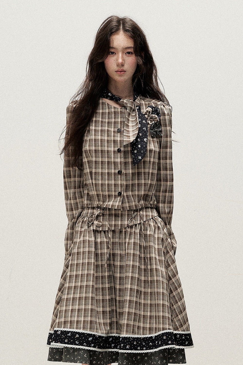 Plaid Contrast Ribbon Shirt and Skirt Set-Up