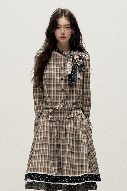 Plaid Contrast Ribbon Shirt and Skirt Set-Up