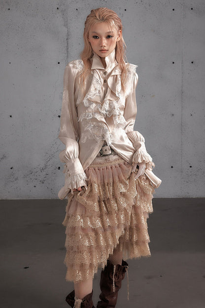Ruffled Lace Patchwork Satin Blouse