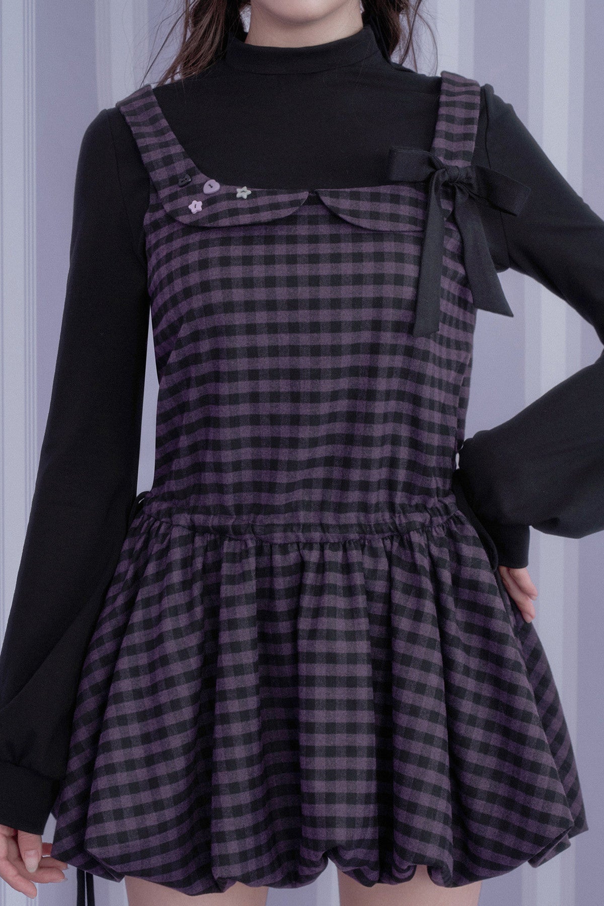 Retro Plaid Long Sleeve Flower Bud Dress
