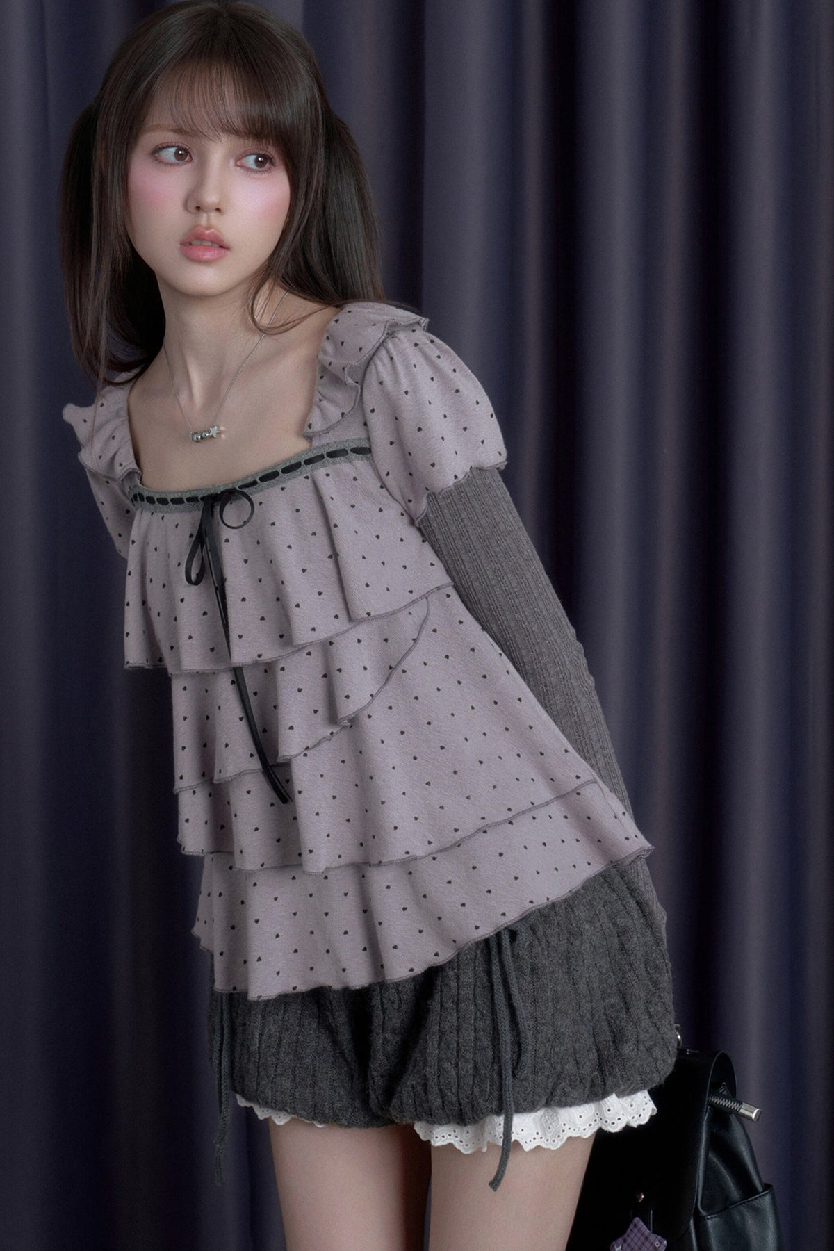 Gray-Purple Cake-Style Ruffle Long-Sleeved Knit Top