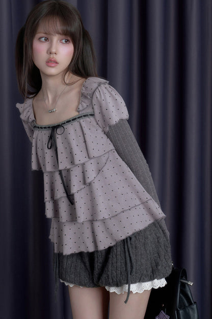 Gray-Purple Cake-Style Ruffle Long-Sleeved Knit Top