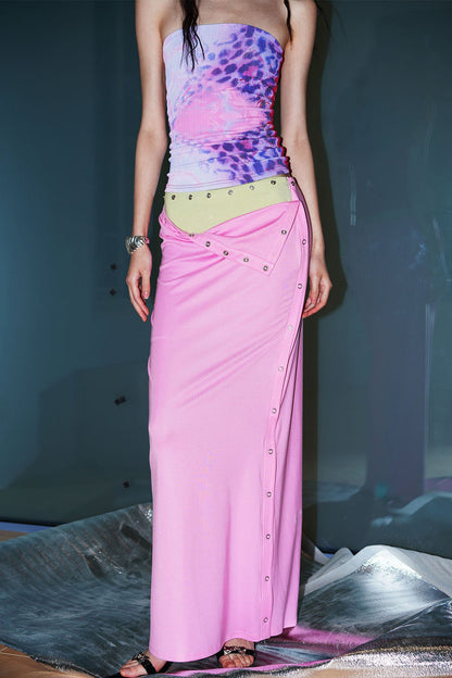 Retro Color-Block Lyocell Skirt