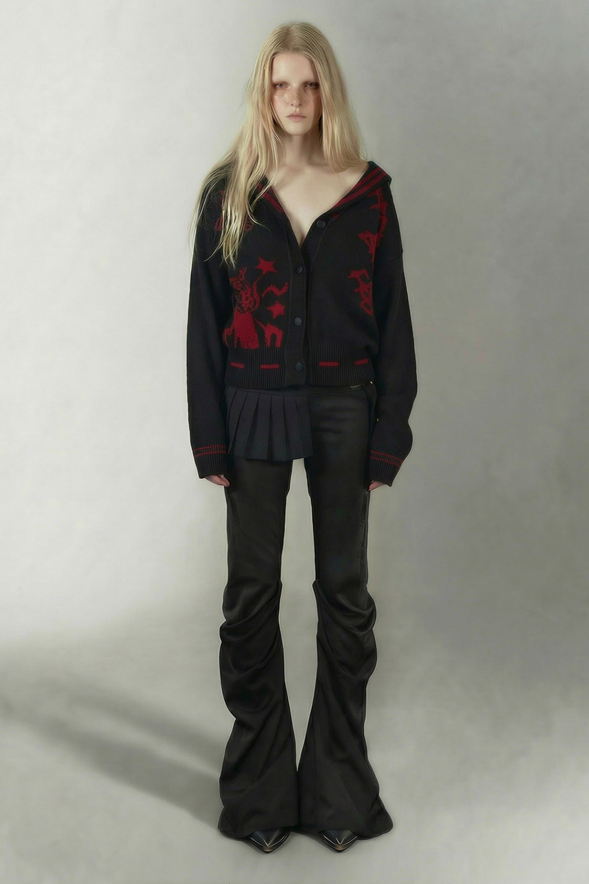 Red Pattern Sailor Hood Cardigan