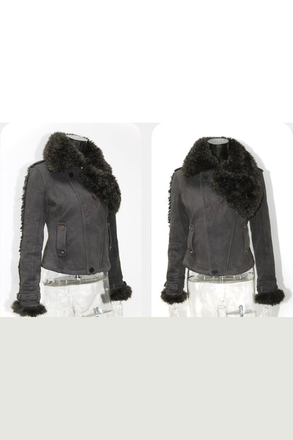 Set aus Jacke mit Used-Optik und Pelzkragen und kurzem Rock