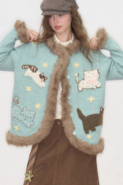Cardigan à col en fausse fourrure avec motif de chat amusant