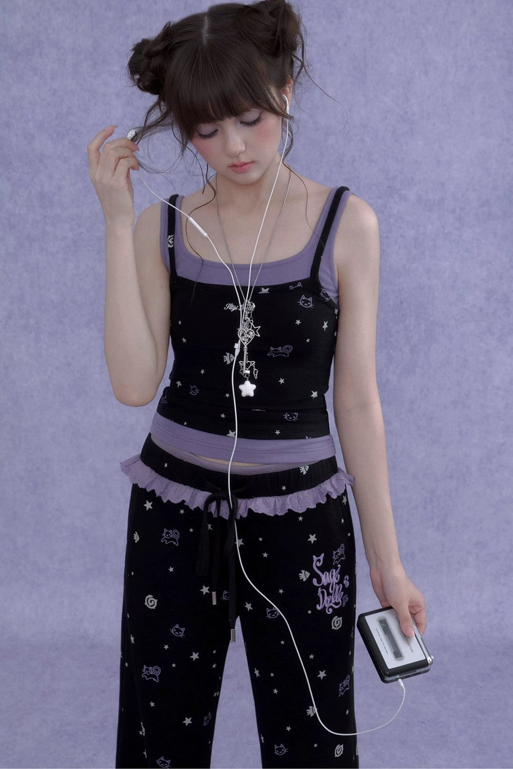 Black Purple Ruffle Print Pants Set-Up