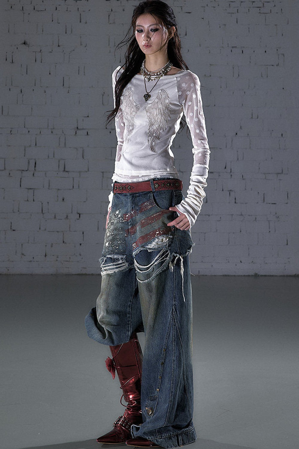Baroque Flocked Wing Embroidered Blouse