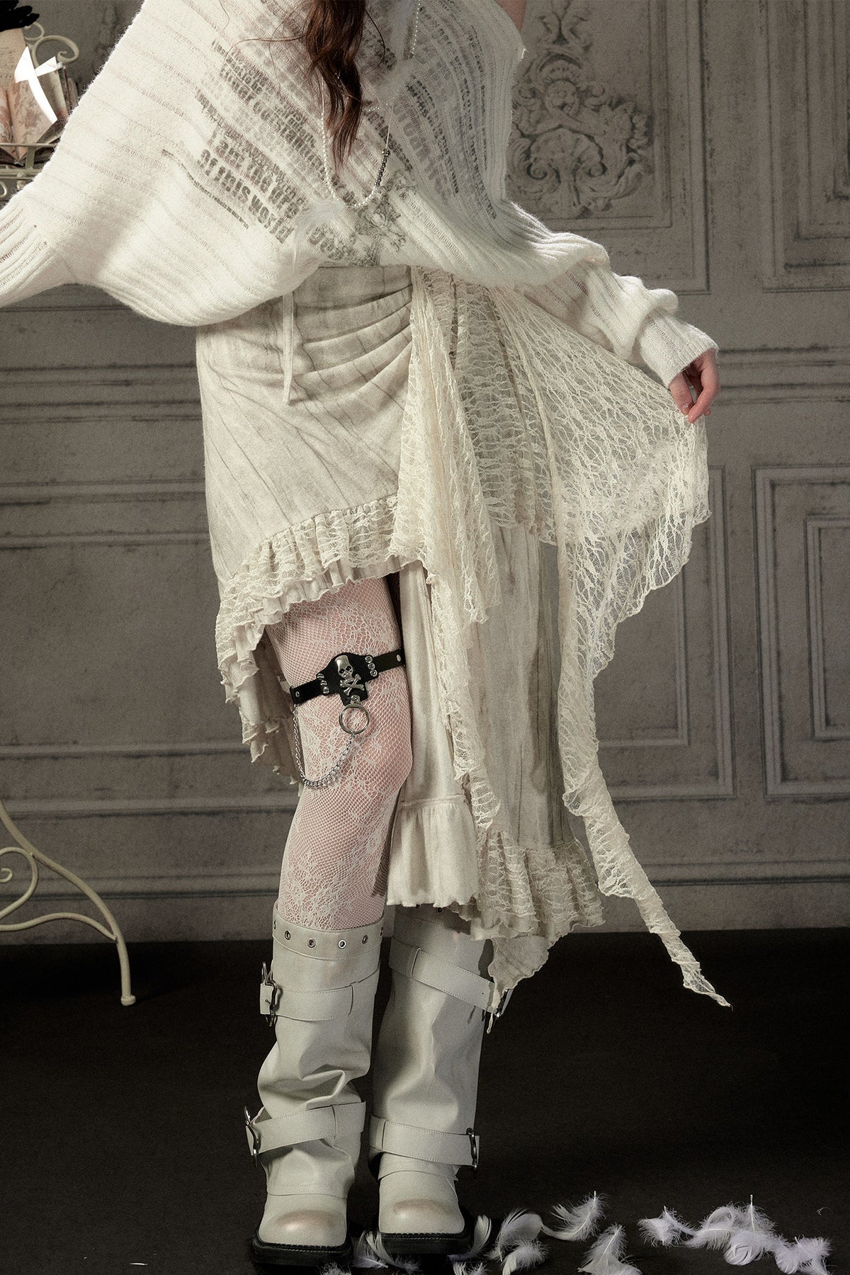 Beige Asymmetrical Lace Spliced Skirt