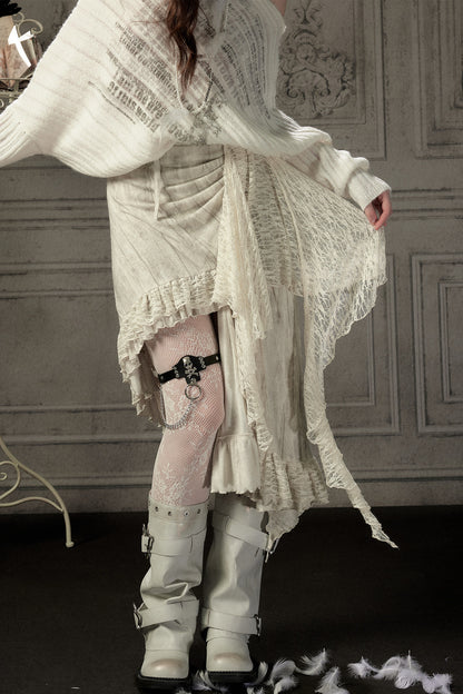 Beige Asymmetrical Lace Spliced Skirt