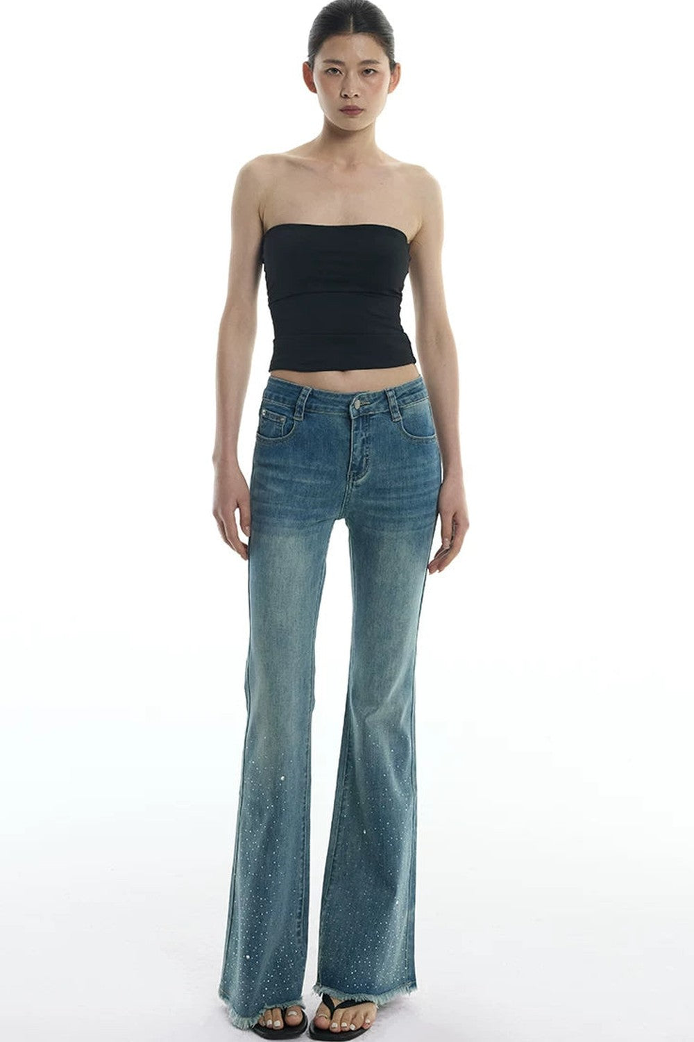 Schlag-Jeanshose mit Strass
