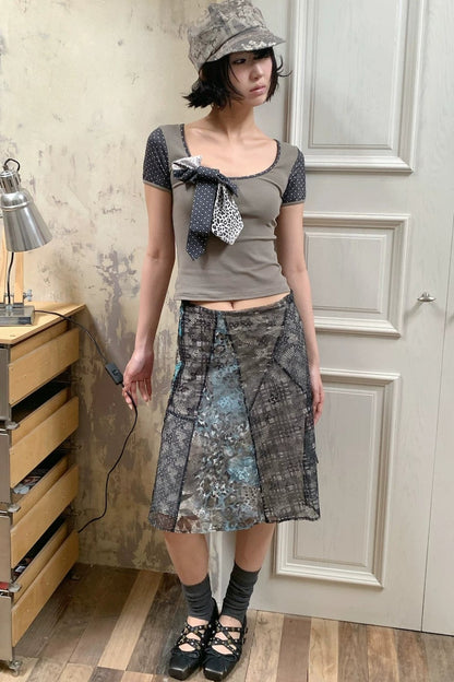 Asymmetrical Plaid Leopard Floral Midi Skirt