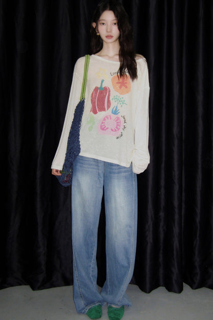 Long-Sleeve Fruit Vegetable Dog Print T-Shirt Set-Up