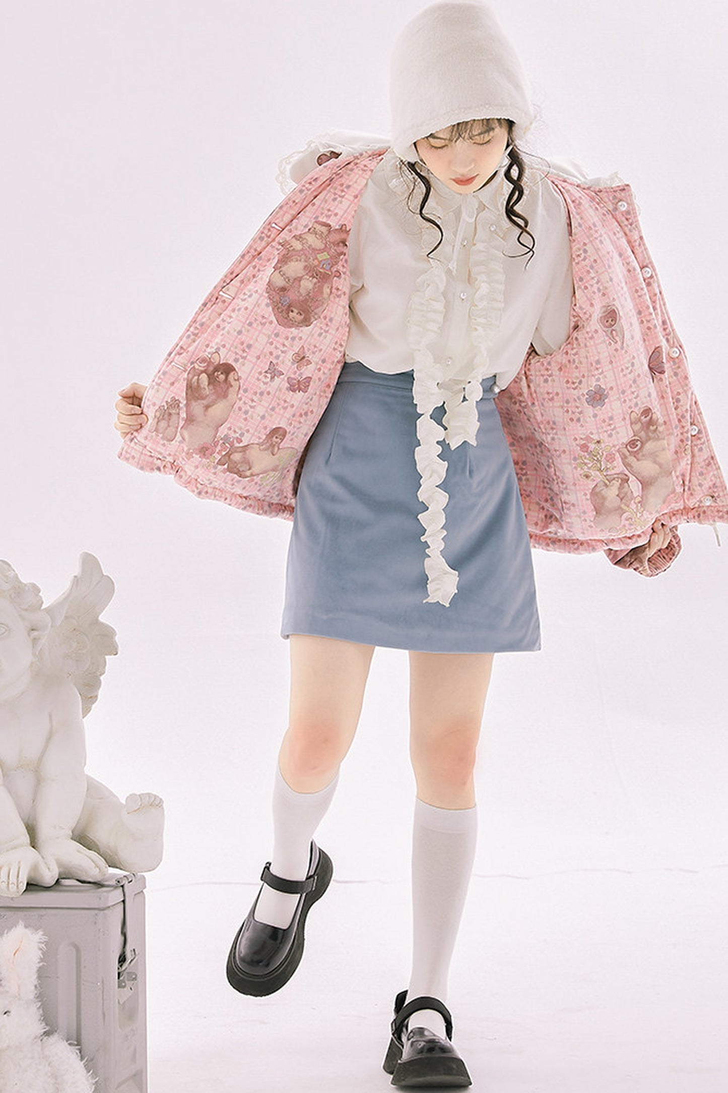 Blue Quilted Velvet A-Line Skirt