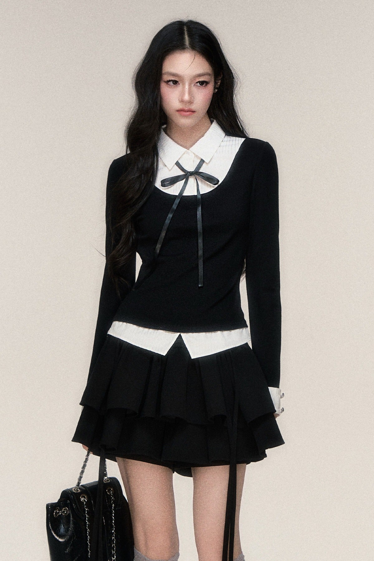 Lace-Up Color-Block T-Shirt and Skirt Set-Up
