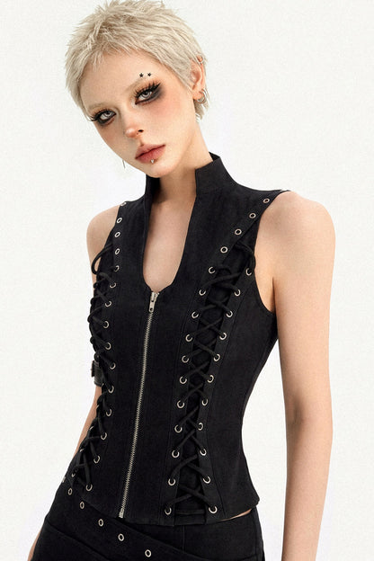 Black Lace-Up Zipper Camisole Top