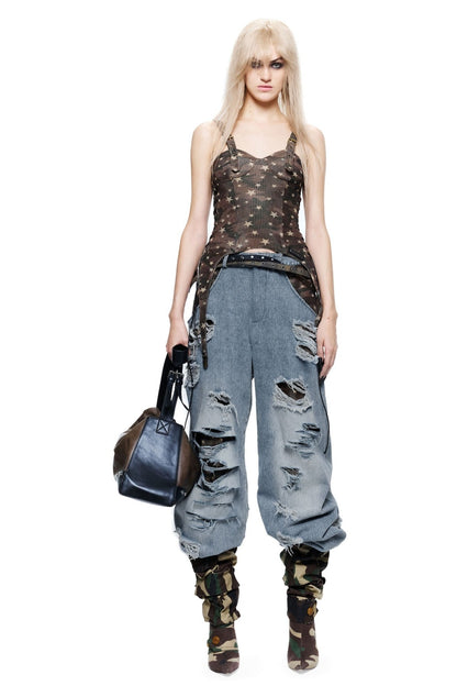 Handmade Distressed Patchwork Lining Denim Jeans
