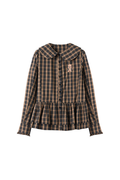 Brown Plaid Doll Collar Cotton Shirt