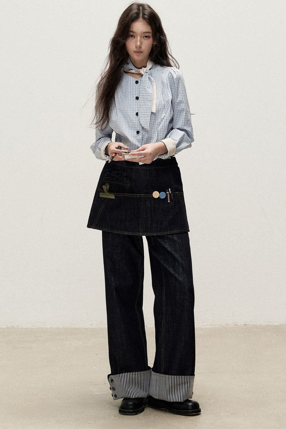 Detachable Apron Set Striped Cuffed Jeans