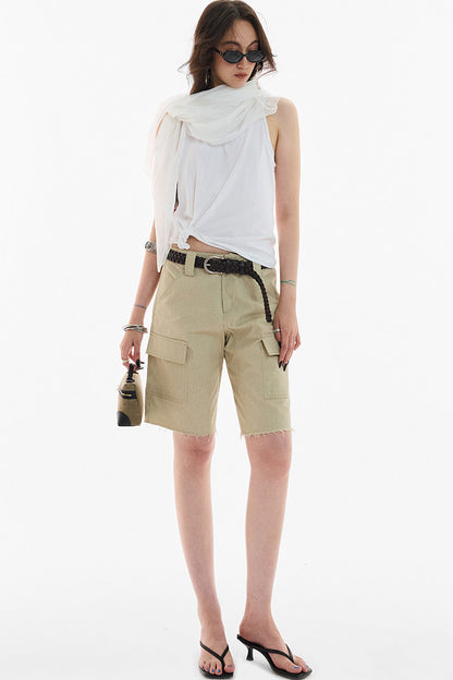 Khaki Workwear Straight-Leg Frayed Hem Pants