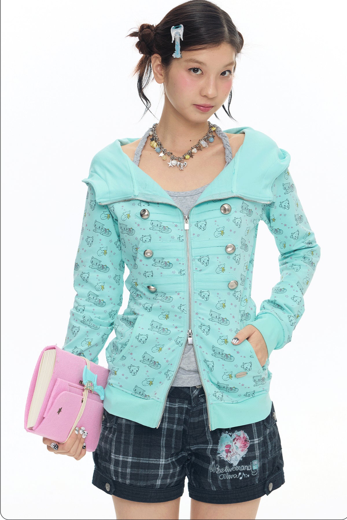Mint Green Frog Double-Breasted Zipper Jacket