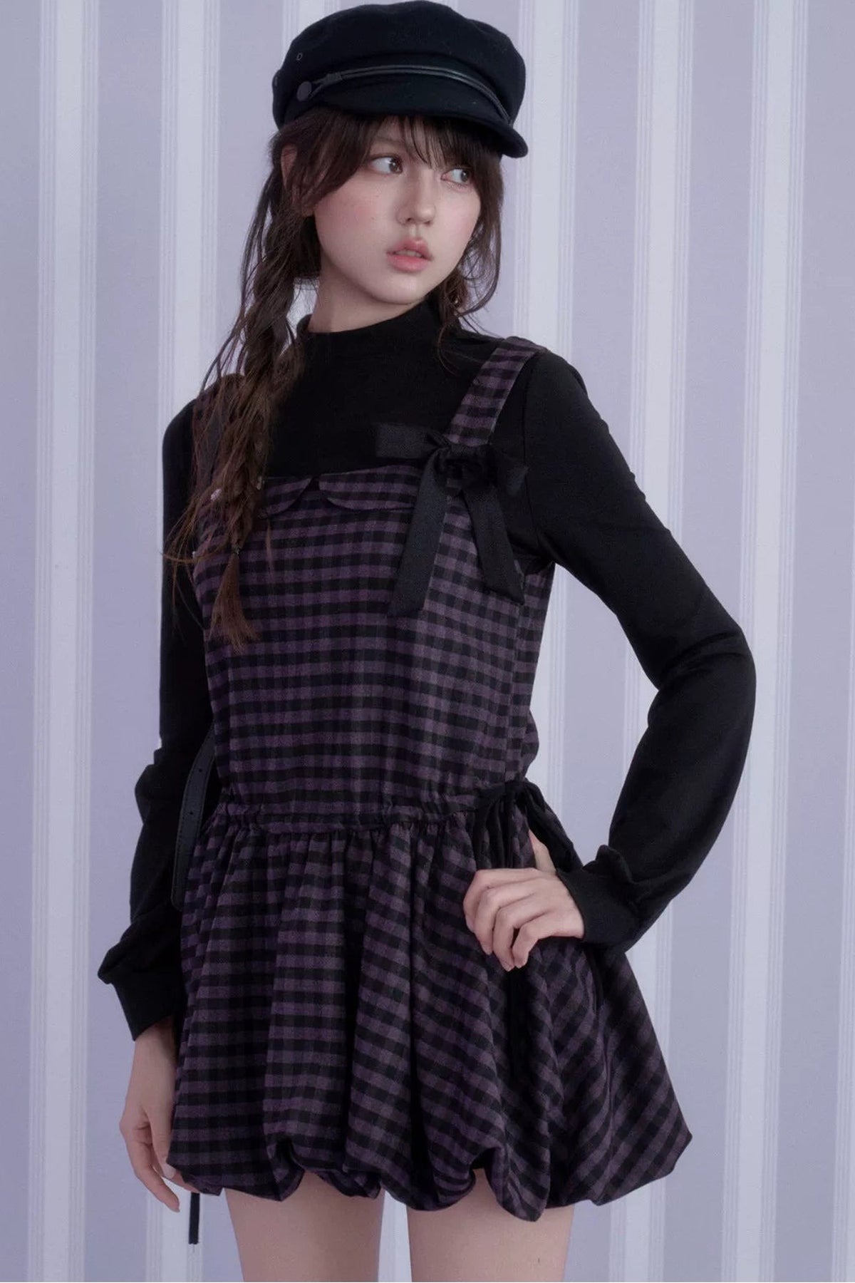Retro Plaid Long Sleeve Flower Bud Dress