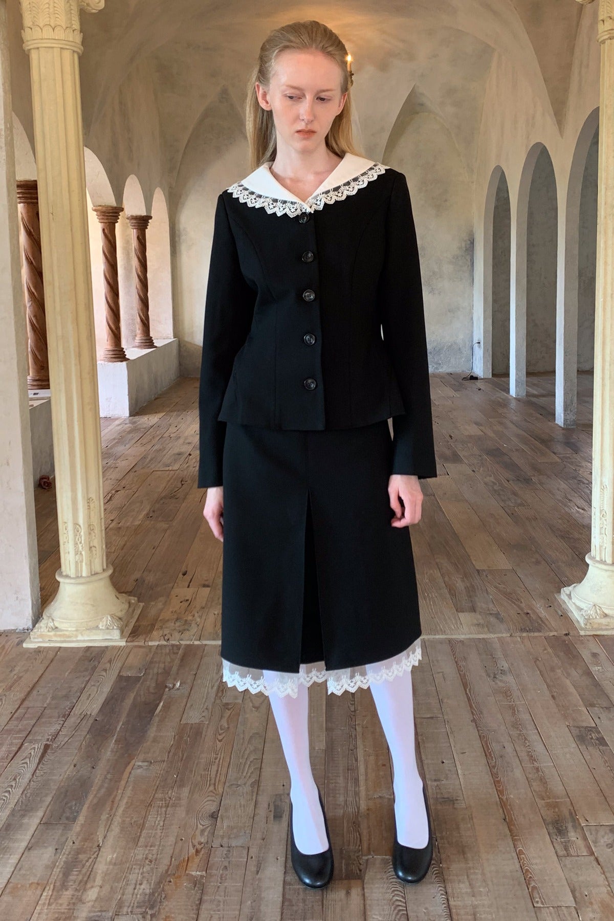Black Lace Collar Jacket and Skirt Set-Up
