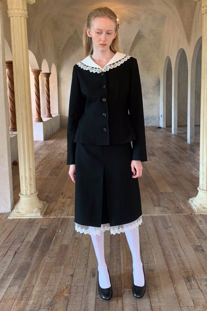 Black Lace Collar Jacket and Skirt Set-Up